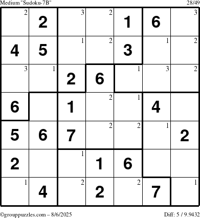 The grouppuzzles.com Medium Sudoku-7B puzzle for Wednesday August 6, 2025 with the first 3 steps marked