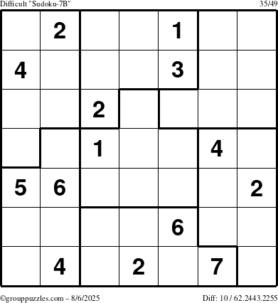 The grouppuzzles.com Difficult Sudoku-7B puzzle for Wednesday August 6, 2025