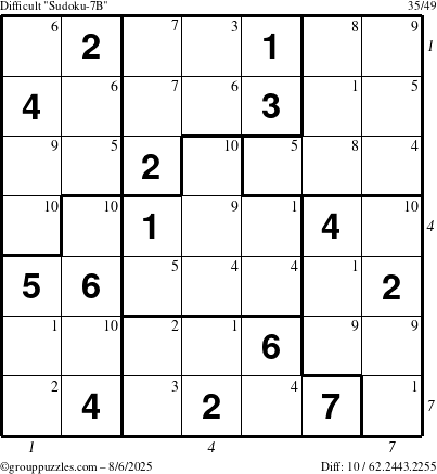 The grouppuzzles.com Difficult Sudoku-7B puzzle for Wednesday August 6, 2025 with all 10 steps marked