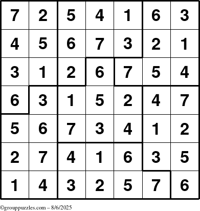 The grouppuzzles.com Answer grid for the Sudoku-7B puzzle for Wednesday August 6, 2025