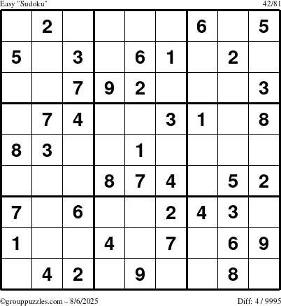 The grouppuzzles.com Easy Sudoku puzzle for Wednesday August 6, 2025