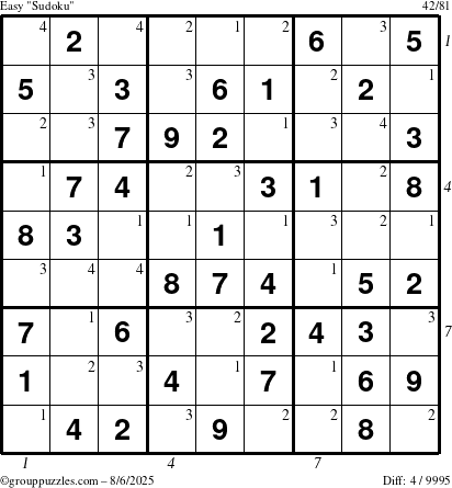 The grouppuzzles.com Easy Sudoku puzzle for Wednesday August 6, 2025 with all 4 steps marked
