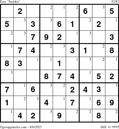 The grouppuzzles.com Easy Sudoku puzzle for Wednesday August 6, 2025 with the first 3 steps marked