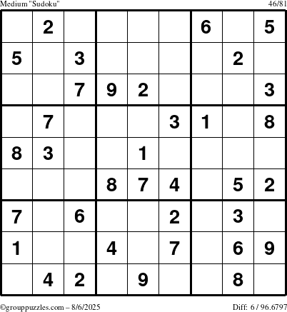 The grouppuzzles.com Medium Sudoku puzzle for Wednesday August 6, 2025