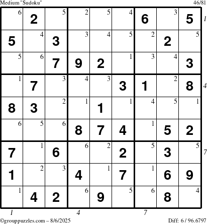 The grouppuzzles.com Medium Sudoku puzzle for Wednesday August 6, 2025 with all 6 steps marked