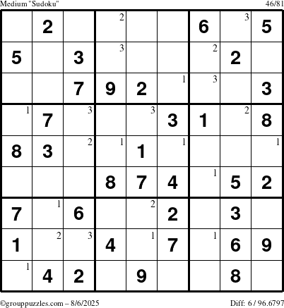 The grouppuzzles.com Medium Sudoku puzzle for Wednesday August 6, 2025 with the first 3 steps marked