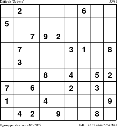 The grouppuzzles.com Difficult Sudoku puzzle for Wednesday August 6, 2025
