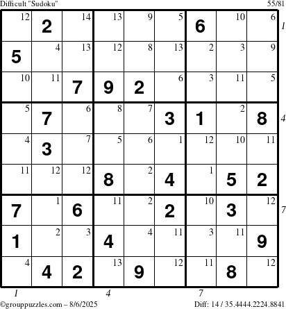The grouppuzzles.com Difficult Sudoku puzzle for Wednesday August 6, 2025 with all 14 steps marked