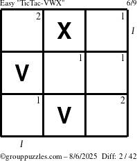 The grouppuzzles.com Easy TicTac-VWX puzzle for Wednesday August 6, 2025 with all 2 steps marked