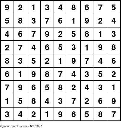 The grouppuzzles.com Answer grid for the Sudoku puzzle for Wednesday August 6, 2025