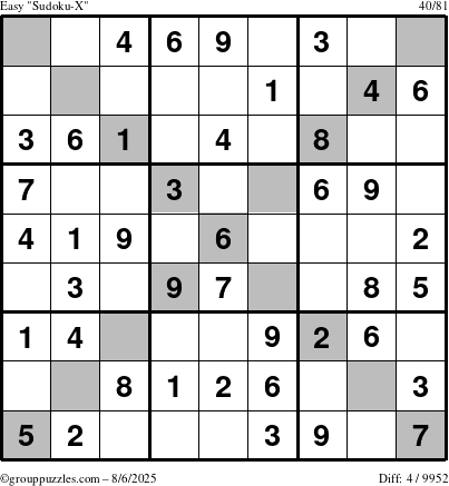 The grouppuzzles.com Easy Sudoku-X puzzle for Wednesday August 6, 2025