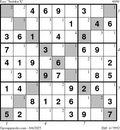The grouppuzzles.com Easy Sudoku-X puzzle for Wednesday August 6, 2025 with all 4 steps marked