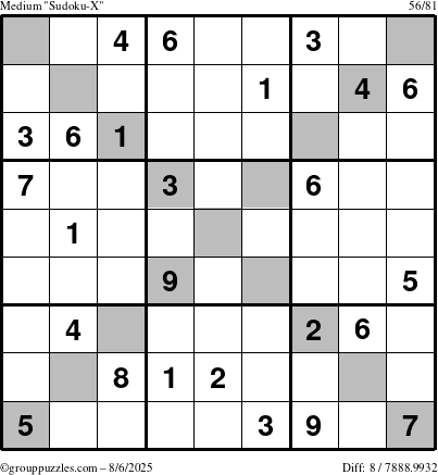 The grouppuzzles.com Medium Sudoku-X puzzle for Wednesday August 6, 2025