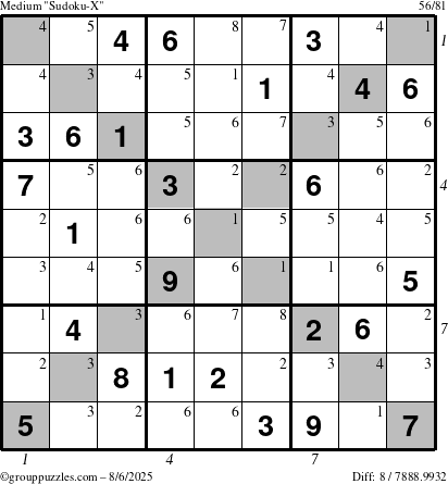 The grouppuzzles.com Medium Sudoku-X puzzle for Wednesday August 6, 2025 with all 8 steps marked