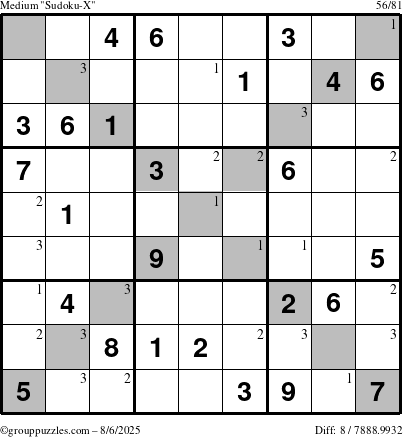 The grouppuzzles.com Medium Sudoku-X puzzle for Wednesday August 6, 2025 with the first 3 steps marked