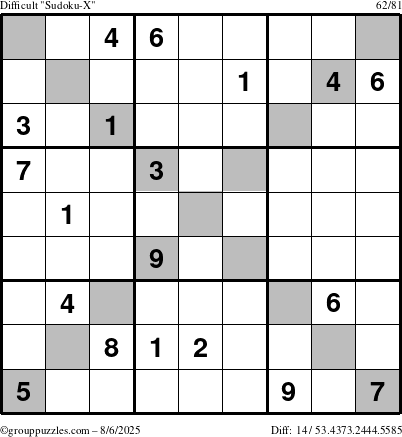 The grouppuzzles.com Difficult Sudoku-X puzzle for Wednesday August 6, 2025