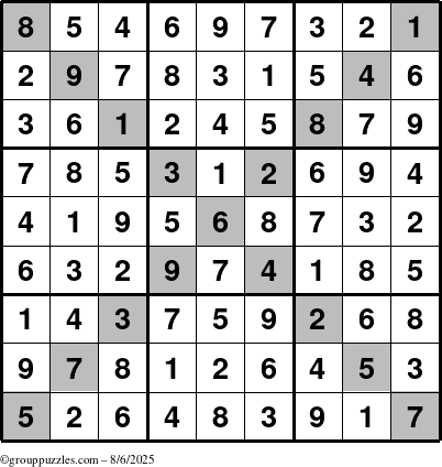 The grouppuzzles.com Answer grid for the Sudoku-X puzzle for Wednesday August 6, 2025