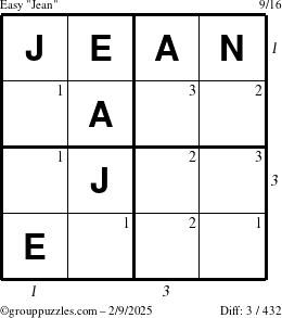 The grouppuzzles.com Easy Jean puzzle for Sunday February 9, 2025 with all 3 steps marked