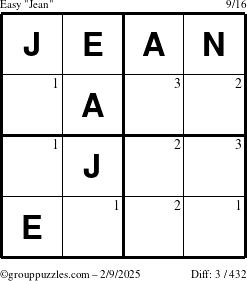 The grouppuzzles.com Easy Jean puzzle for Sunday February 9, 2025 with the first 3 steps marked