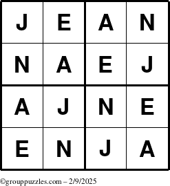 The grouppuzzles.com Answer grid for the Jean puzzle for Sunday February 9, 2025