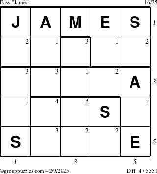 The grouppuzzles.com Easy James puzzle for Sunday February 9, 2025 with all 4 steps marked