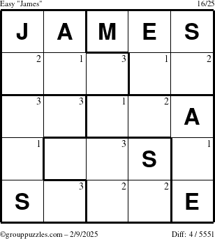 The grouppuzzles.com Easy James puzzle for Sunday February 9, 2025 with the first 3 steps marked