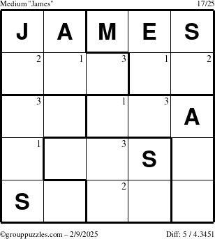 The grouppuzzles.com Medium James puzzle for Sunday February 9, 2025 with the first 3 steps marked