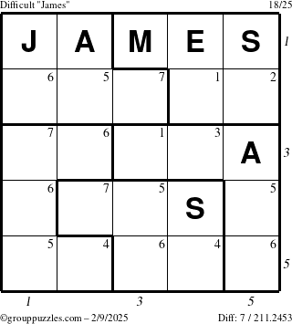 The grouppuzzles.com Difficult James puzzle for Sunday February 9, 2025 with all 7 steps marked