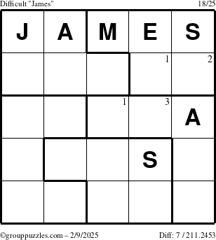 The grouppuzzles.com Difficult James puzzle for Sunday February 9, 2025 with the first 3 steps marked