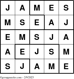 The grouppuzzles.com Answer grid for the James puzzle for Sunday February 9, 2025