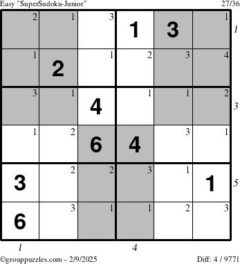 The grouppuzzles.com Easy SuperSudoku-Junior puzzle for Sunday February 9, 2025 with all 4 steps marked