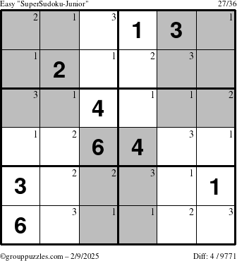 The grouppuzzles.com Easy SuperSudoku-Junior puzzle for Sunday February 9, 2025 with the first 3 steps marked