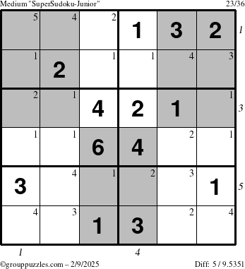 The grouppuzzles.com Medium SuperSudoku-Junior puzzle for Sunday February 9, 2025 with all 5 steps marked