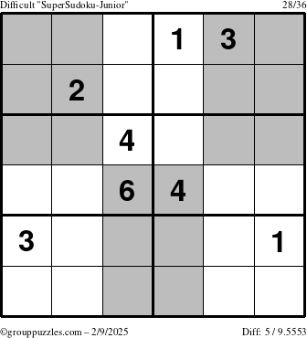 The grouppuzzles.com Difficult SuperSudoku-Junior puzzle for Sunday February 9, 2025