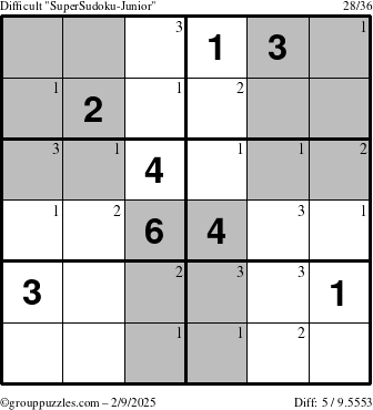 The grouppuzzles.com Difficult SuperSudoku-Junior puzzle for Sunday February 9, 2025 with the first 3 steps marked