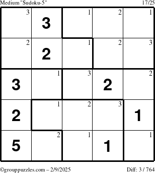 The grouppuzzles.com Medium Sudoku-5 puzzle for Sunday February 9, 2025 with the first 3 steps marked