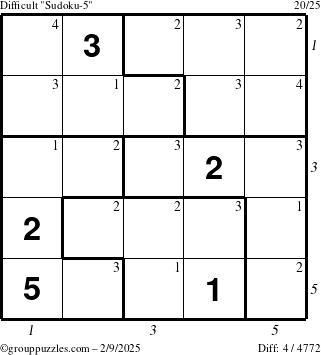 The grouppuzzles.com Difficult Sudoku-5 puzzle for Sunday February 9, 2025 with all 4 steps marked