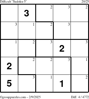 The grouppuzzles.com Difficult Sudoku-5 puzzle for Sunday February 9, 2025 with the first 3 steps marked