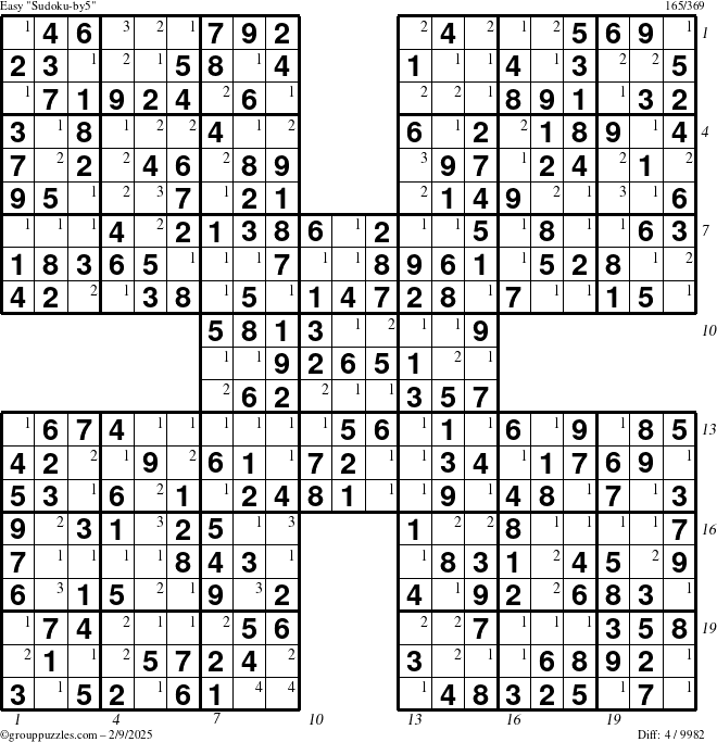 The grouppuzzles.com Easy Sudoku-by5 puzzle for Sunday February 9, 2025 with all 4 steps marked