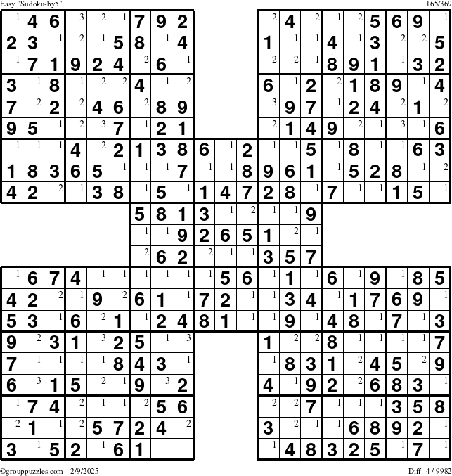 The grouppuzzles.com Easy Sudoku-by5 puzzle for Sunday February 9, 2025 with the first 3 steps marked