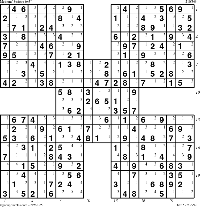 The grouppuzzles.com Medium Sudoku-by5 puzzle for Sunday February 9, 2025 with all 5 steps marked