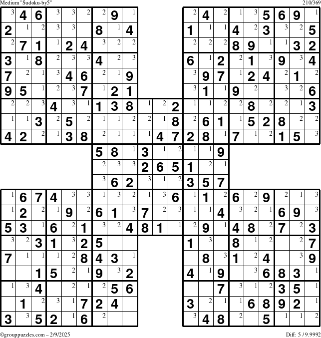 The grouppuzzles.com Medium Sudoku-by5 puzzle for Sunday February 9, 2025 with the first 3 steps marked