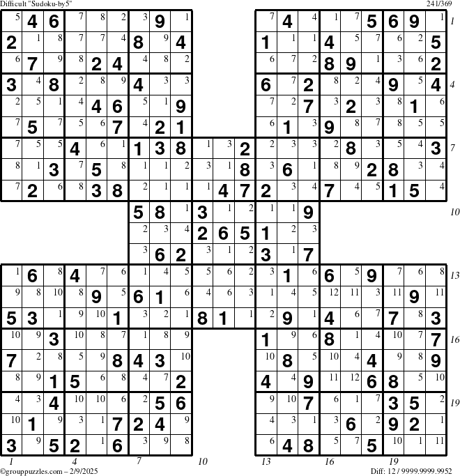 The grouppuzzles.com Difficult Sudoku-by5 puzzle for Sunday February 9, 2025 with all 12 steps marked