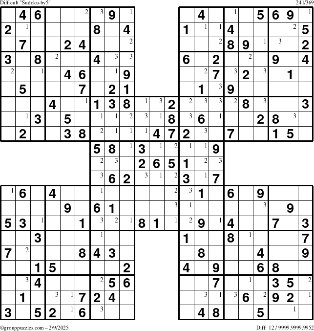 The grouppuzzles.com Difficult Sudoku-by5 puzzle for Sunday February 9, 2025 with the first 3 steps marked