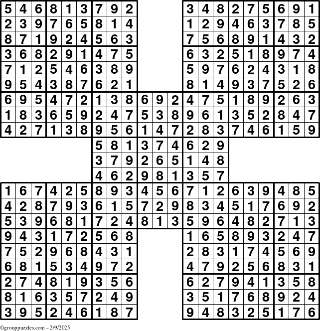 The grouppuzzles.com Answer grid for the Sudoku-by5 puzzle for Sunday February 9, 2025