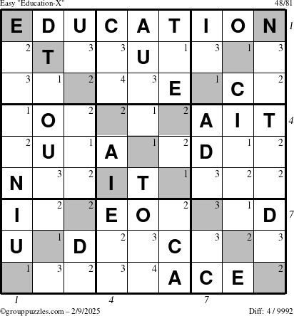 The grouppuzzles.com Easy Education-X puzzle for Sunday February 9, 2025 with all 4 steps marked