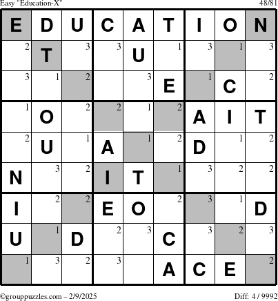 The grouppuzzles.com Easy Education-X puzzle for Sunday February 9, 2025 with the first 3 steps marked