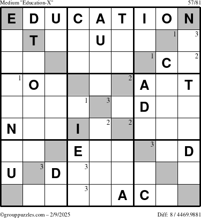 The grouppuzzles.com Medium Education-X puzzle for Sunday February 9, 2025 with the first 3 steps marked