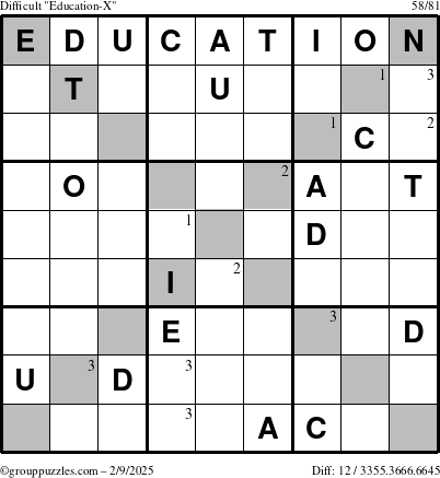 The grouppuzzles.com Difficult Education-X puzzle for Sunday February 9, 2025 with the first 3 steps marked