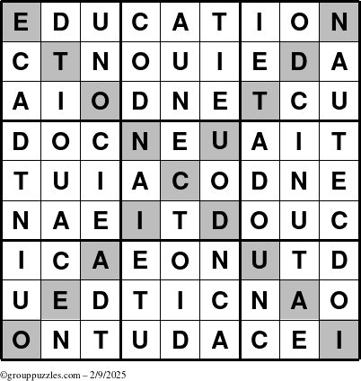 The grouppuzzles.com Answer grid for the Education-X puzzle for Sunday February 9, 2025